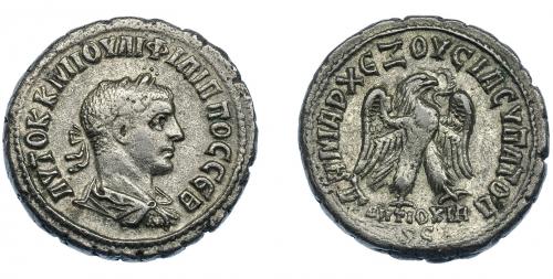 3166 - IMPERIO ROMANO. FILIPO I. Antioquía. Tetradracma (248). A/ Busto laureado y acorazado a der. R/ Águila con alas abiertas y corona en el pico. VE 10,32 g. 27,2 mm. Prieur-445. RPC-VIII.28991. MBC-.