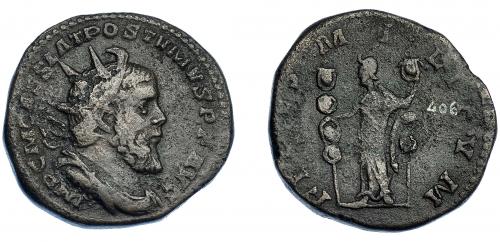 3170 - IMPERIO ROMANO. PÓSTUMO. Sestercio. Colonia (266-267). A/ Busto radiado, drapeado y con coraza a der.; IMP C M CASS LAT POSTVMVS P F AVG. R/ Fides mirando a der. con dos estandartes; FIDES MILITVM. AE 18,60 g. 31,8 mm. RIC-123. MBC-/BC+.