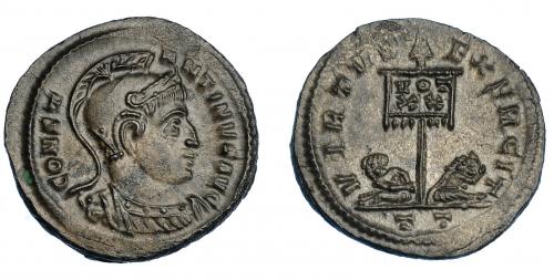 3172 - IMPERIO ROMANO. CONSTANTINO I. Follis. Ticinum (319-320). R/ Dos cautivos flanqueando estandarte con VOT/XX, VIRTVS EXERCIT, exergo TT. VE 2,75 g. 19,9 mm. RIC-114. EBC+.