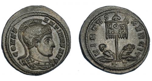 3173   -  IMPERIO ROMANO. CONSTANTINO I. Follis. Ticinum (319-320). R/ Dos cautivos flanqueando estandarte con VOT/XX, VIRTVS EXERCIT, exergo TT. VE 3,47 g. 20,4 mm. RIC-114. EBC+.
