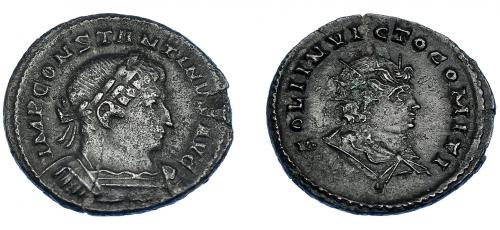 3175 - IMPERIO ROMANO. CONSTANTINO I. Follis. Treveris (310-313). R/ Busto radiado y drapeado del Sol a der.; SOLI INVICTO COMITI. AE 4,34 g. 23,6 mm. RIC-890. Finas grietas. Concreción en rev. MBC.