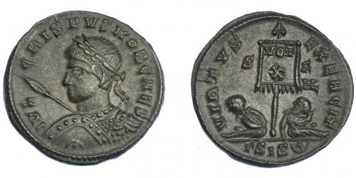 3176 - IMPERIO ROMANO. CRISPO (bajo Constantino I). Follis. Siscia (320). R/ Dos cautivos flanqueando estandarte con VOT/X, marca de ceca S-F/GSIS (creciente con estrella). VE 2,90 g. 19 mm. RIC-130. EBC.