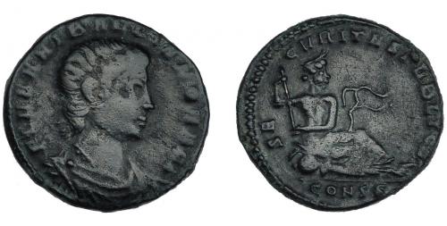 3177 - IMPERIO ROMANO. ANIBALIANO. AE-4. Constantinopolis (336-337). R/ Éufrates recostado a izq.; SECVRITAS PVBLICA; marca de ceca CONSS. AE 1,61 g. 15,2 mm. RIC-147b. MBC-/MBC. Muy escasa.