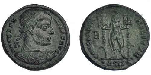 3178 - IMPERIO ROMANO. VETRANIÓN. Centenionalis. Siscia (350). A/ Busto laureado, drapeado y con coraza a der. R/ Emperador a izq. con dos lábaros; CONCORDIA MILITVM, en campo H, exergo .ASIS*. AE 5,22 g. 24,9 mm. RIC-281. Pátina verde. MBC.