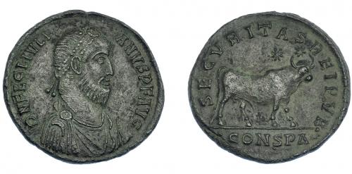 3181 - IMPERIO ROMANO. JULIANO II. Follis. Constantinopolis. R/ Toro a der., encima estrellas; en exergo marca de ceca CONSPD rama. AE 8,69 g. 28,2 mm. RIC-167. MBC+.