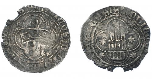 3195 - REINOS DE CASTILLA Y LEÓN. ENRIQUE IV. 1/2 real. Segovia. AR 1,5 g. 20,4 mm. III-698. BMM-911.1. Faltan pequeños fragmentos. BC+/MBC-.