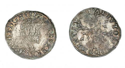 3211 - FELIPE II. Felipe II 1/10 de escudo. 1572. Amberes. Vanhoudt-308AN. Cospel abierto. MBC.