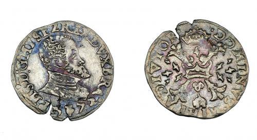 3212 - FELIPE II. 1/10 de escudo. 1571. Amberes. Vanhoudt-308AN. Plata agria. Acuñación floja. MBC.