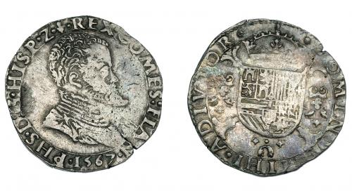 3213   -  FELIPE II. 1/5 de escudo. 1567. Brujas. Vandhoudt-271BG. MBC-/BC+.