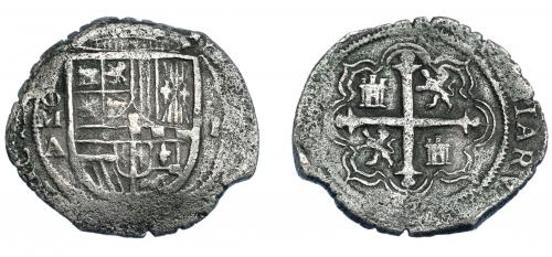 3216   -  FELIPE III. 2 reales. México. A (1608-1609). Fecha no visible. AC-tipo 126. MBC-. Muy escasa. 