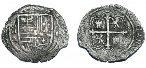 3216 - FELIPE III. 2 reales. México. A (1608-1609). Fecha no visible. AC-tipo 126. MBC-. Muy escasa.