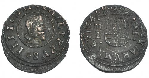3220 - FELIPE IV. 16 maravedís. 1662. Madrid. I sobre S. 16 invertido. JS-M393. RS-346 vte. MBC-. Rara.