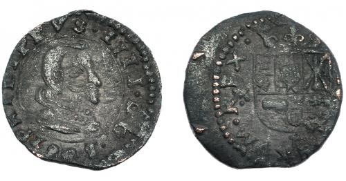 3221 - FELIPE IV. 16 maravedís. 1662. Trujillo. M. Fecha debajo del busto. RS-no. JS-M684. Descentrada. BC+/MBC-. Muy rara.