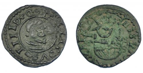 3223 - FELIPE IV. 16 maravedís. Sevilla. S. Falsa de época con resello B en anv y R en rev. MBC-. Muy interesante.