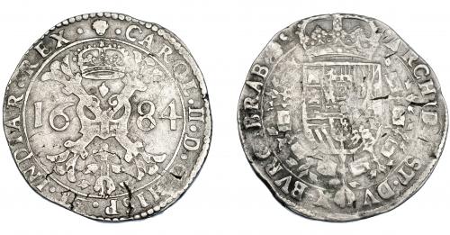 3226 - FELIPE IV. Patagón. 1684. Bruselas. DEL-343. DAV-4491. Rayitas y defectos de cospel. MBC-.