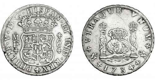 3229   -  FELIPE V. 8 reales. 1734. México. MF. VI-1142. Pequeñas marcas y muesca en canto. MBC. 