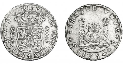 3229 - FELIPE V. 8 reales. 1734. México. MF. VI-1142. Pequeñas marcas y muesca en canto. MBC.