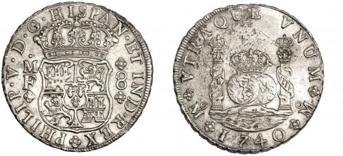 3230 - FELIPE V. 8 reales. 1740. México. MF. AR 26,63 g. VI-1148. Oxidaciones marinas. MBC+.