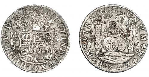 3231 - FELIPE V. 8 reales. 1743. México. MF. VI-1151. Resellos orientales. MBC-.