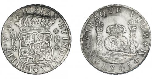 3233 - FELIPE V. 8 reales. 1745. México. MF. VI-1153. Plata agria en parte del rev. MBC+.