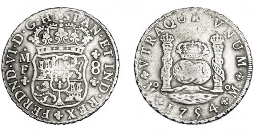 3242 - FERNANDO VI. 8 reales. 1754. México. MF. Coronas reales. VI-362. Vano en anv. MBC/MBC-.