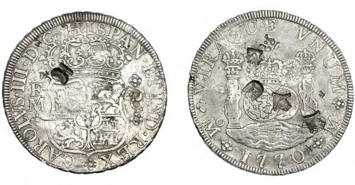 3255 - CARLOS III. 8 reales. 1770. México. FM. VI-929. Resellos orientales. MBC-.