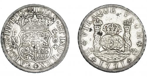 3256   -  CARLOS III. 8 reales. 1771. México. FM. VI-930. Resellos orientales. MBC. 