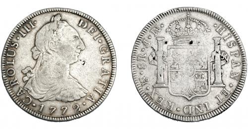 3257 - CARLOS III. 8 reales. 1772. México MF invertido. VI-931.Resellos orientales. MBC-. Escasa.