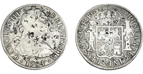 3266   -  CARLOS III. 8 reales. 1784. FF. VI-948. Resellos orientales. MBC-. Escasa.