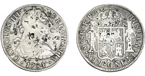 3266 - CARLOS III. 8 reales. 1784. FF. VI-948. Resellos orientales. MBC-. Escasa.