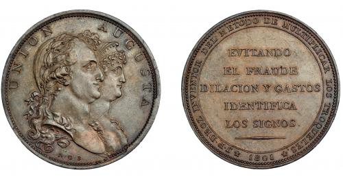 3271 - CARLOS IV. Medalla. 1801. Invento de DROZ. En el canto ACUÑA SUPERFICIE Y CANTO A UN SOLO GOLPE. Sepúlveda. AE 39,5 mm. MPN-305. EBC/EBC+.