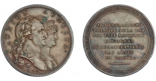 3272 - CARLOS IV. Medalla. 1804. Al príncipe de la paz. En el canto ACUÑA SUPERFICIE Y CANTO A UN SOLO GOLPE. Firma M.G.S (Sepúlveda). AE 40 mm. 26,24 g. MPN-311. Concreciones. EBC-.
