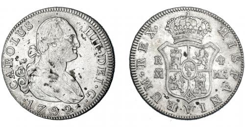 3274   -  CARLOS IV. 4 reales. 1792. Madrid. MF. VI-649. Manchitas y finas rayas. MBC/MBC-. 