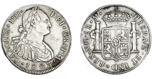 3276   -  CARLOS IV. 8 reales. 1803. Nueva Guatemala. M. VI-744. Hojita en anv. y dos soldaduras en rev. MBC+. Escasa.