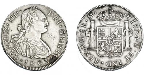 3276 - CARLOS IV. 8 reales. 1803. Nueva Guatemala. M. VI-744. Hojita en anv. y dos soldaduras en rev. MBC+. Escasa.