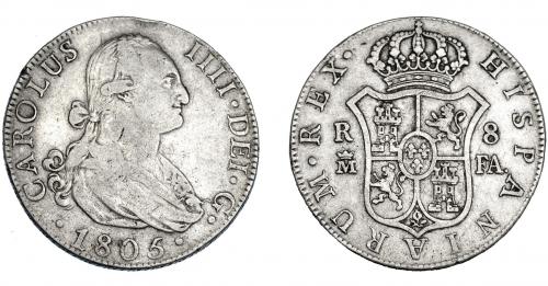 3277 - CARLOS IV. 8 reales. 1805. Madrid. FA. VI-779. Golpe en gráfila. MBC-.