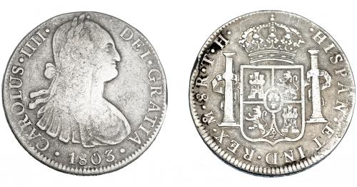 3290 - CARLOS IV. 8 reales. 1803. México. TH. VI-801. Raya en anv. y golpe en canto. BC+/MBC-. Muy escasa.