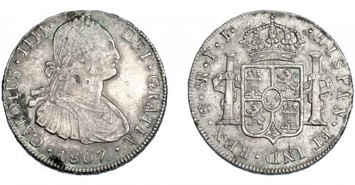 3295   -  CARLOS IV. 8 reales. 1807. Potosí. PJ. VI-827. Pequeños defectos de acuñación y oxidaciones. MBC+/EBC-. 