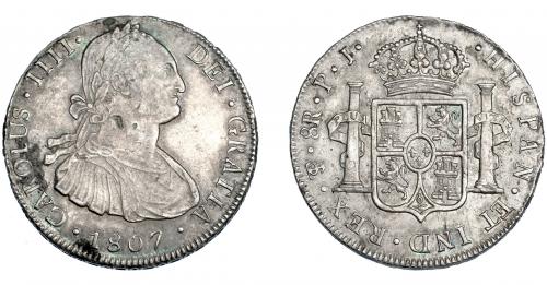 3295 - CARLOS IV. 8 reales. 1807. Potosí. PJ. VI-827. Pequeños defectos de acuñación y oxidaciones. MBC+/EBC-.