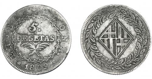 3299 - OCUPACIÓN NAPOLEÓNICA. 5 pesetas. 1809. Barcelona. VI-34. Rayitas de ajuste. Pátina. MBC-/MBC.