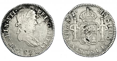 3304 - FERNANDO VII. Real. 1821. Zacatecas. AZ. VI-599. Golpes en rev. y oxidaciones. MBC-/MBC.