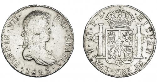 3328   -  FERNANDO VII. 8 reales. 1823. Potosí. PJ. VI-1144. Limpiada. Rayas. MBC-/MBC.