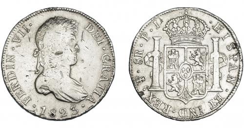 3328 - FERNANDO VII. 8 reales. 1823. Potosí. PJ. VI-1144. Limpiada. Rayas. MBC-/MBC.