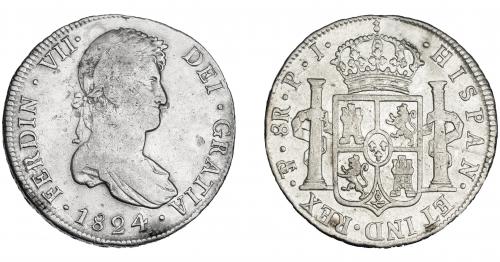 3329 - FERNANDO VII. 8 reales. 1824. Potosí. PJ. VI-1145. Agujero tapado. MBC-.