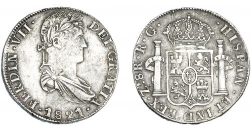 3330 - FERNANDO VII. 8 reales. 1821. Zacatecas. RG. VI-1209. Finas rayas en anv. y fuerte raya en rev.