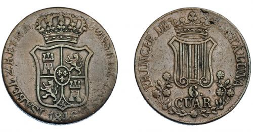 3333 - ISABEL II. 6 cuartos. Barcelona. Flores de 7 pétalos. VI-238. Golpecito en canto. MBC.
