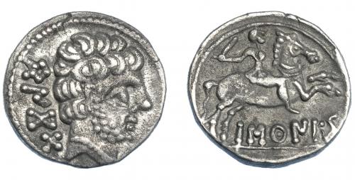 12 - HISPANIA ANTIGUA. BASKUNES. Denario. A/ Cabeza masculina con collar a der., detrás BeNKoTa. R/ Jinete con espada a der., debajo, sobre línea, BaSKuNES. AR 3,27 g. 17,5 mm. I-215. ACIP-1630. MBC+/MBC.