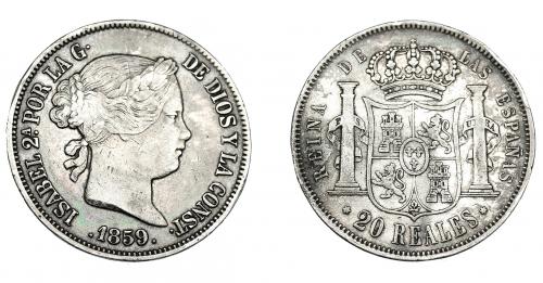 3343 - ISABEL II. 20 reales. 1859. Madrid. VI-515. Pequeñas marcas. MBC-.