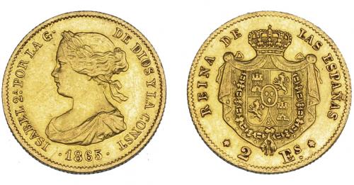 3346 - ISABEL II. 2 escudos. 1865. Madrid. VI-560. EBC-/MBC+.