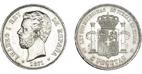 3348 - AMADEO I. 5 PTS. 1871*-18-75. Madrid. DEM. VII-36. Abrillantada. EBC-/MBC+.